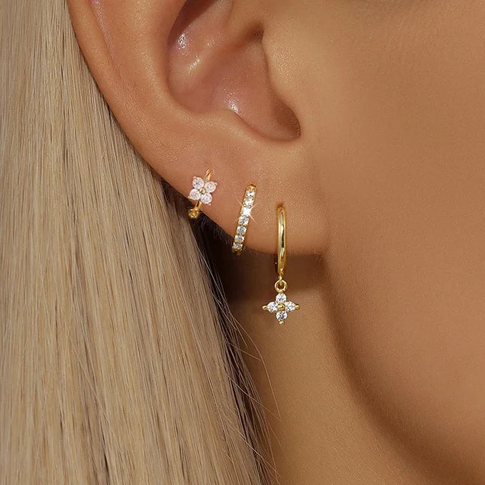 STAINLESS STEEL FLOWER DROP EARRING SET WITH CUBIC ZIRCONIA