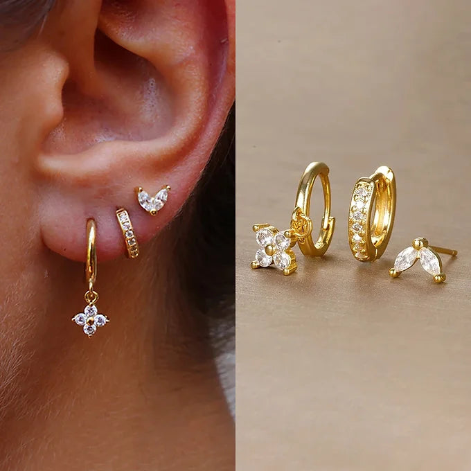 STAINLESS STEEL FLOWER DROP EARRING SET WITH CUBIC ZIRCONIA