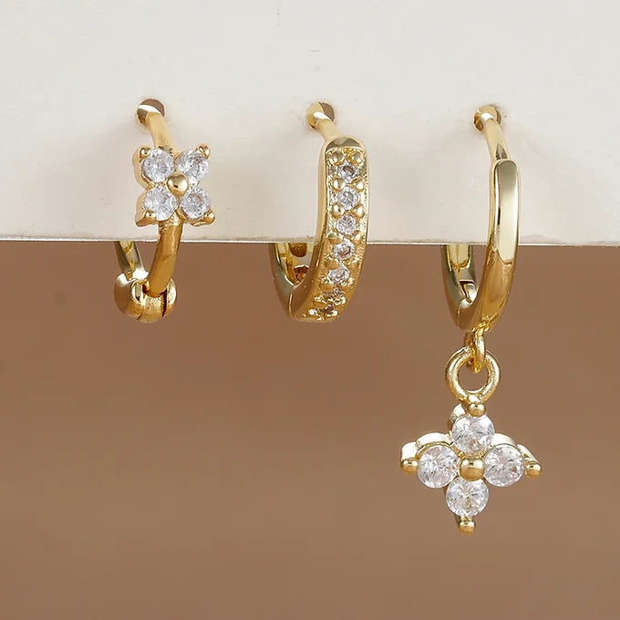 STAINLESS STEEL FLOWER DROP EARRING SET WITH CUBIC ZIRCONIA