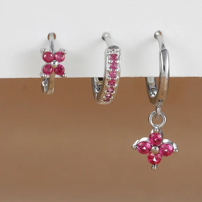STAINLESS STEEL FLOWER DROP EARRING SET WITH CUBIC ZIRCONIA