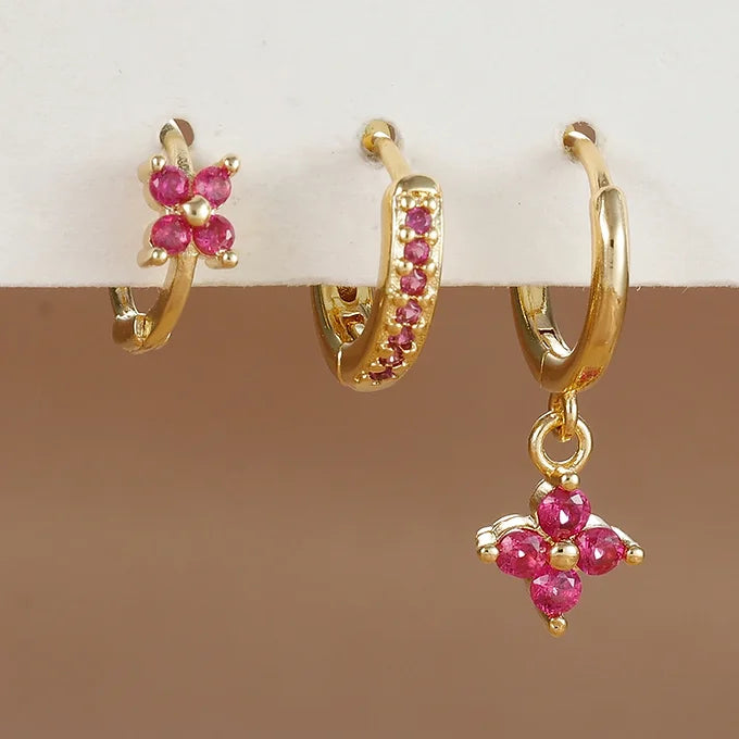 STAINLESS STEEL FLOWER DROP EARRING SET WITH CUBIC ZIRCONIA