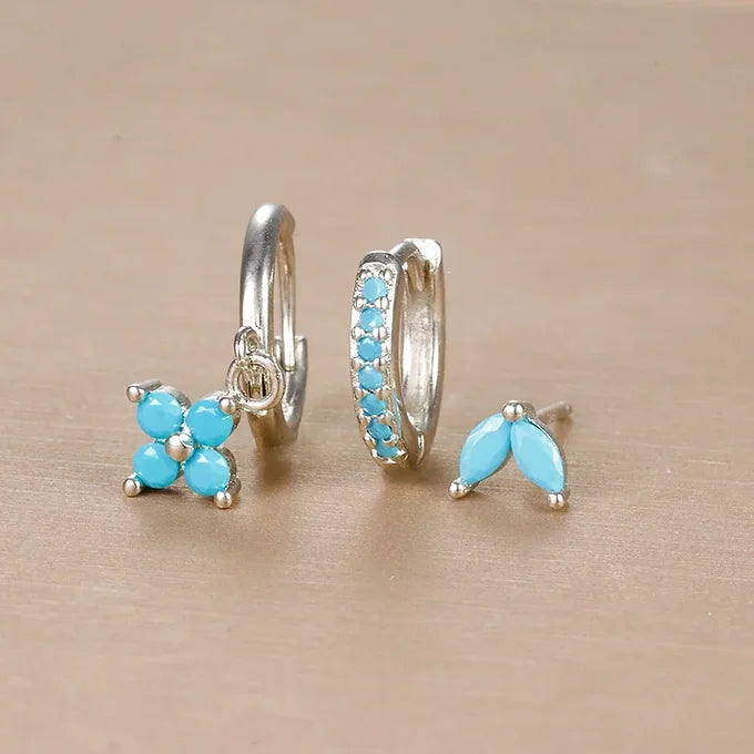 STAINLESS STEEL FLOWER DROP EARRING SET WITH CUBIC ZIRCONIA