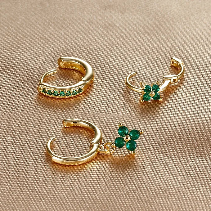 STAINLESS STEEL FLOWER DROP EARRING SET WITH CUBIC ZIRCONIA