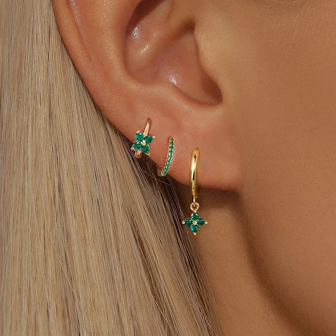 STAINLESS STEEL FLOWER DROP EARRING SET WITH CUBIC ZIRCONIA