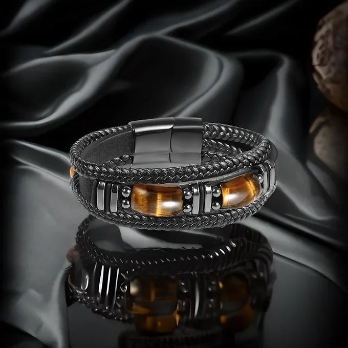 MEN'S NATURAL TIGER EYE BLACK LEATHER BRACELET
