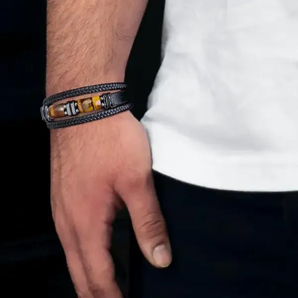 MEN'S NATURAL TIGER EYE BLACK LEATHER BRACELET