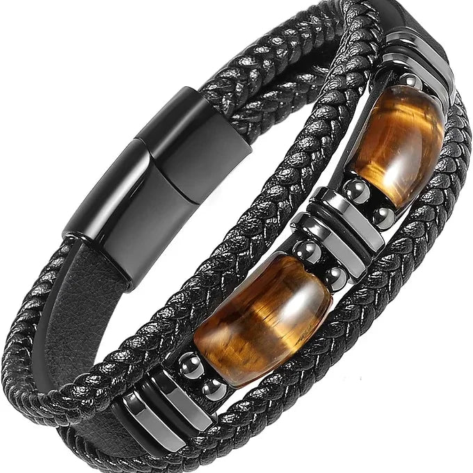 MEN'S NATURAL TIGER EYE BLACK LEATHER BRACELET