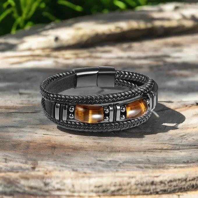 MEN'S NATURAL TIGER EYE BLACK LEATHER BRACELET