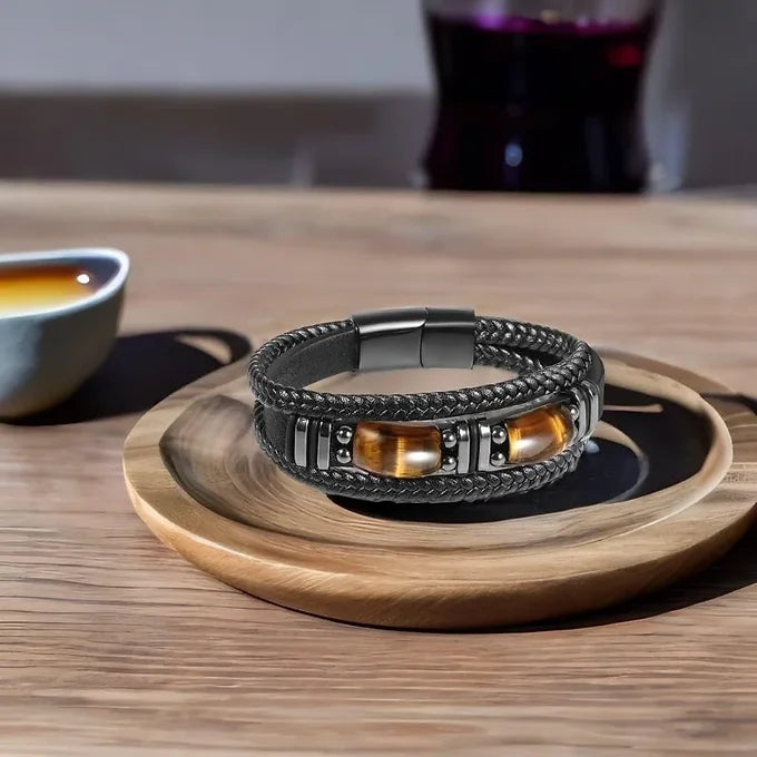 MEN'S NATURAL TIGER EYE BLACK LEATHER BRACELET