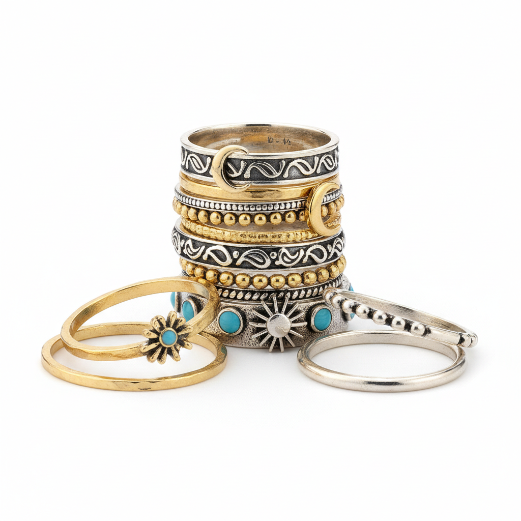 Boho Stackable Rings Set - Premium Faceless Model Aesthetic